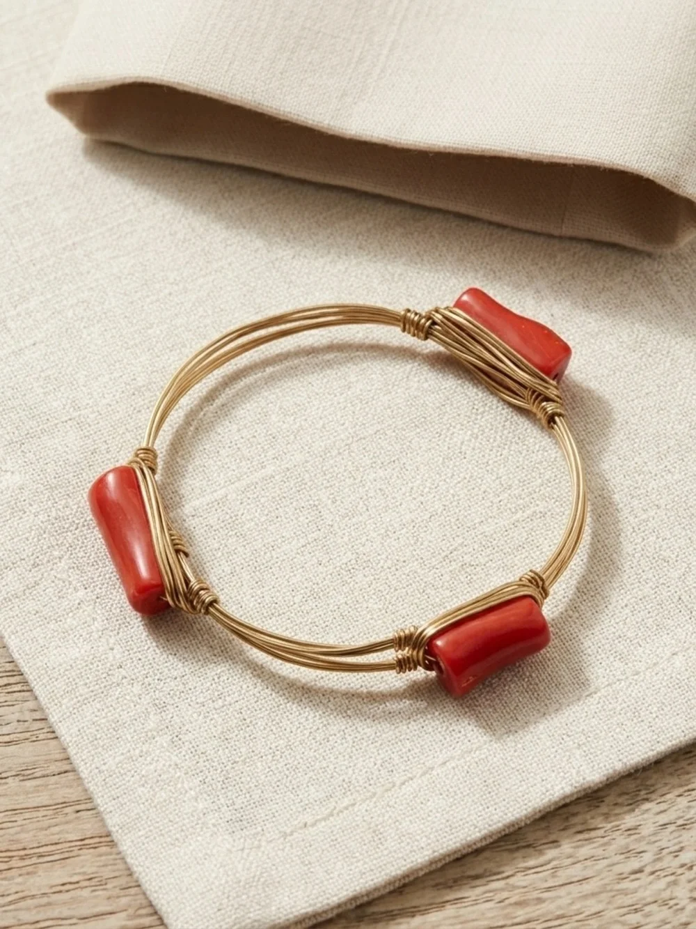 Boho Wire Wrapped Bangle Bracelet | Red Stone Artisan Style